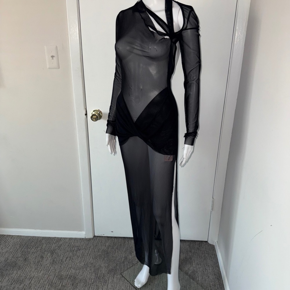 Micas Black Sheer Mesh Cutout Asymmetrical‎ Maxi Dress Avant Garde Edgy M - Picture 6 of 11